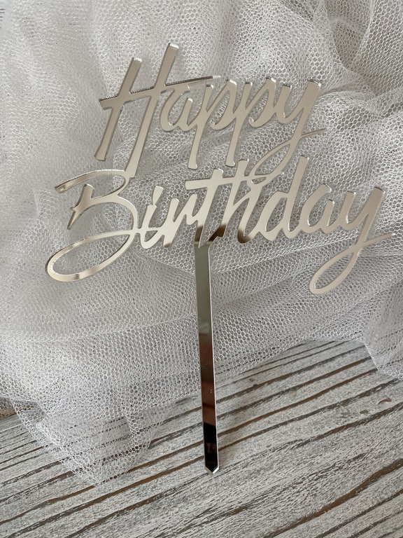 Topper Happy Birthday na patyku Plexi Srebne 13,5 x17 cm (1)