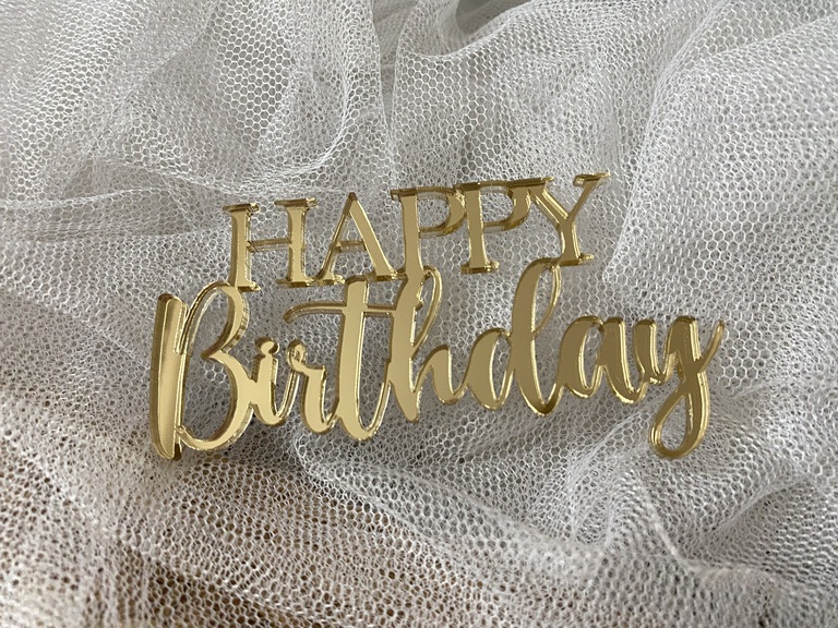 Happy Birthday złote Plexi na bok tortu 10x5 cm (1)
