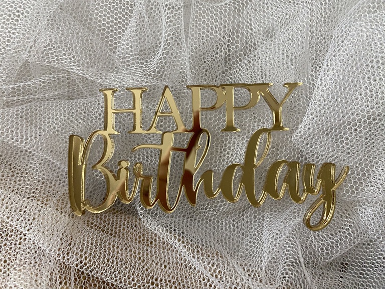 Happy Birthday złote Plexi na bok tortu 10x5 cm (2)