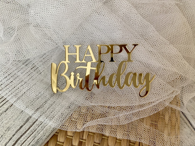 Topper Happy Birthday złote Plexi na bok tortu (1)