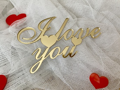 Topper I love you 12x8 cm Plexi złote na bok tortu 