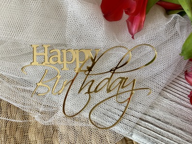 Topper na bok tortu Happy Birthday Plexi złote 12*7,5 cm