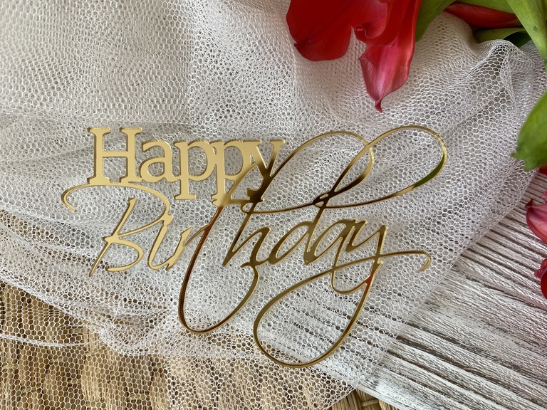 Topper na bok tortu Happy Birthday Plexi złote 12*7,5 cm (1)