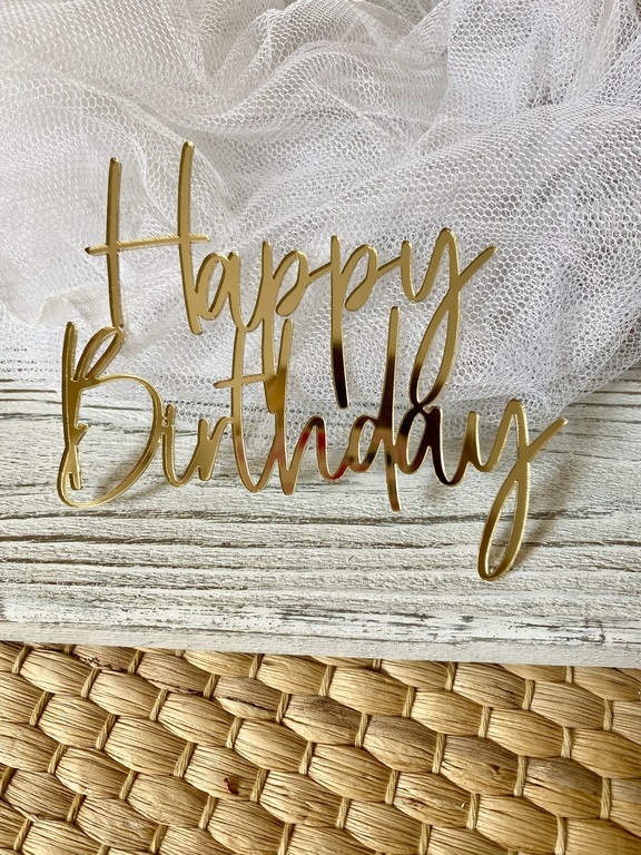 Happy Birthday złote Plexi na bok tortu 11x10 cm (1)