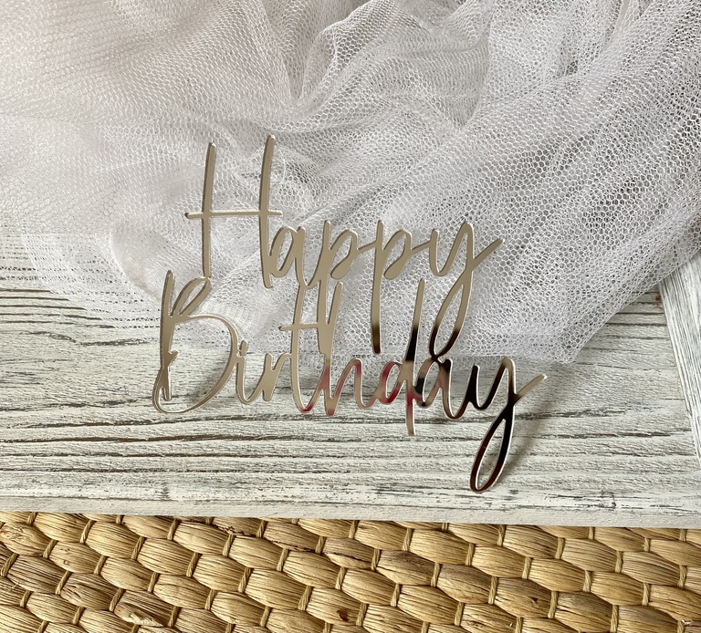 Happy Birthday srebne Plexi na bok tortu 11x10 cm (1)