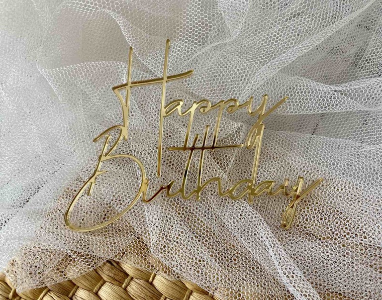 Topper na bok tortu Happy Birthday 11×9 cm Plexi złote (1)