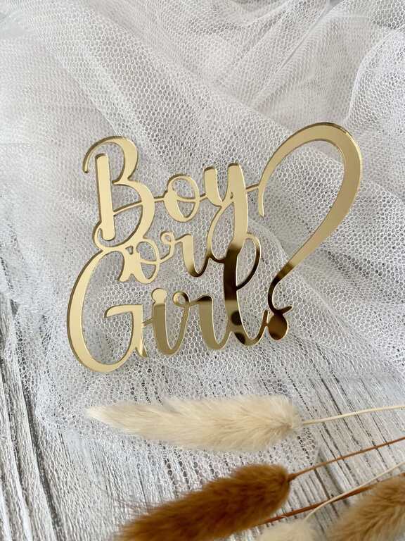 Topper na bok tortu  Boy or Girl 10×8 cm plexi złote