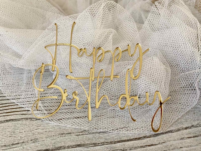 Topper Happy Birthday na bok tortu 10*8,5 cm plexi złote  (1)