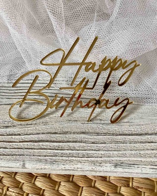 Topper Happy Birthday na bok tortu Plexi złote  10*6,5 cm 