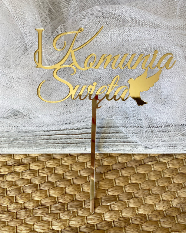 Topper I Komunia Świętą plexi złote na patyku 13*18 cm (1)