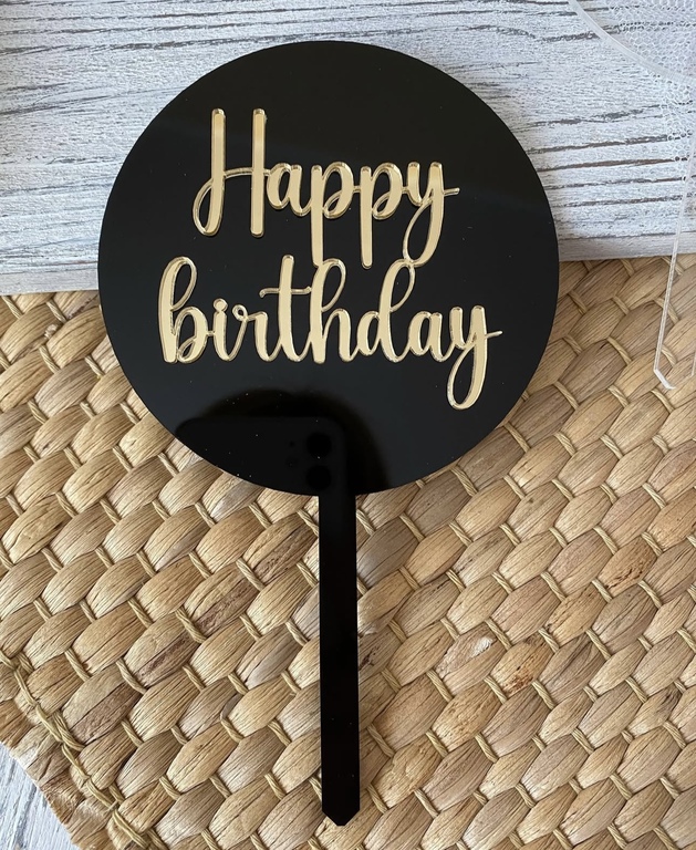Topper Happy Birthday złoto czarny  koło 10 cm na patyku   (1)