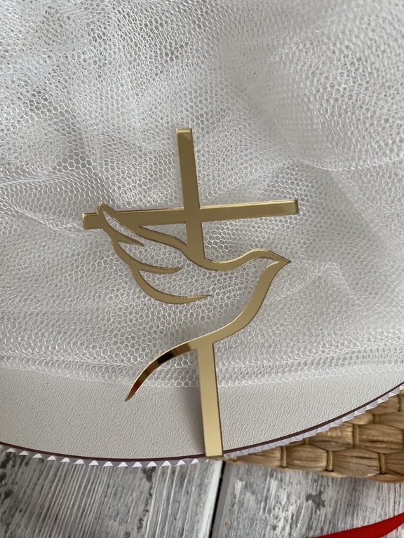 Topper Krzyż z gołąbkiem na bok tortu 9*6 cm plexi złote lustro (1)