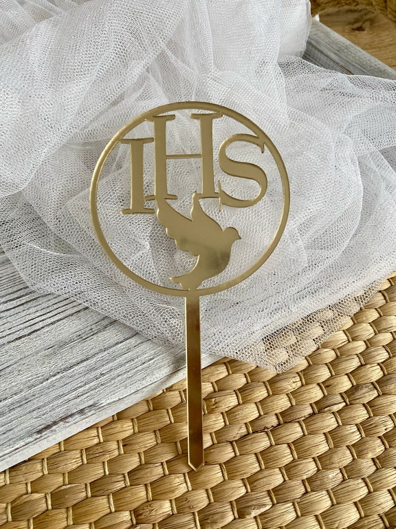 Topper IHS z gołąbkiem koło na patyku 10* 18 cm  (1)